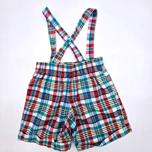 Vintage Plaid Suspender Shorts Kids 2T Multi Color Madras Cotton Made in USA - Picture 2 of 5
